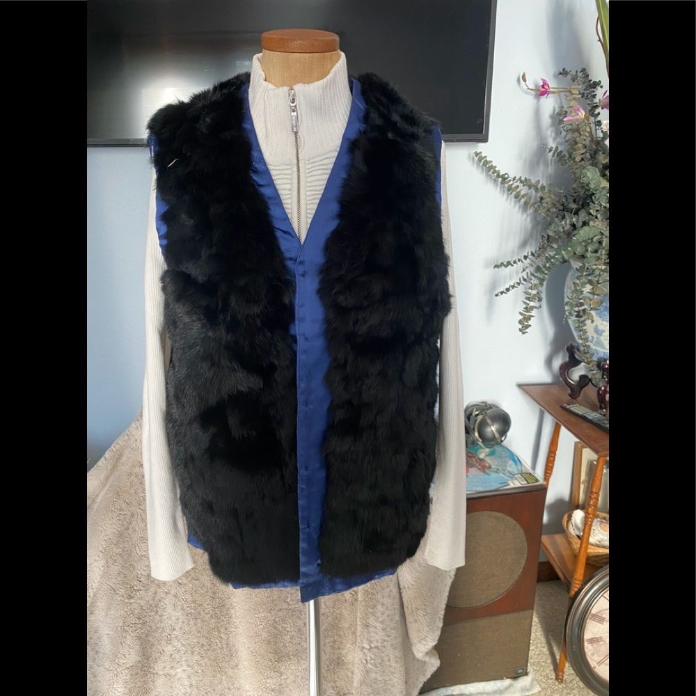 Vintage Black Rabbit Fur Reversible Vest w/ Blue Satin L (Fits M)